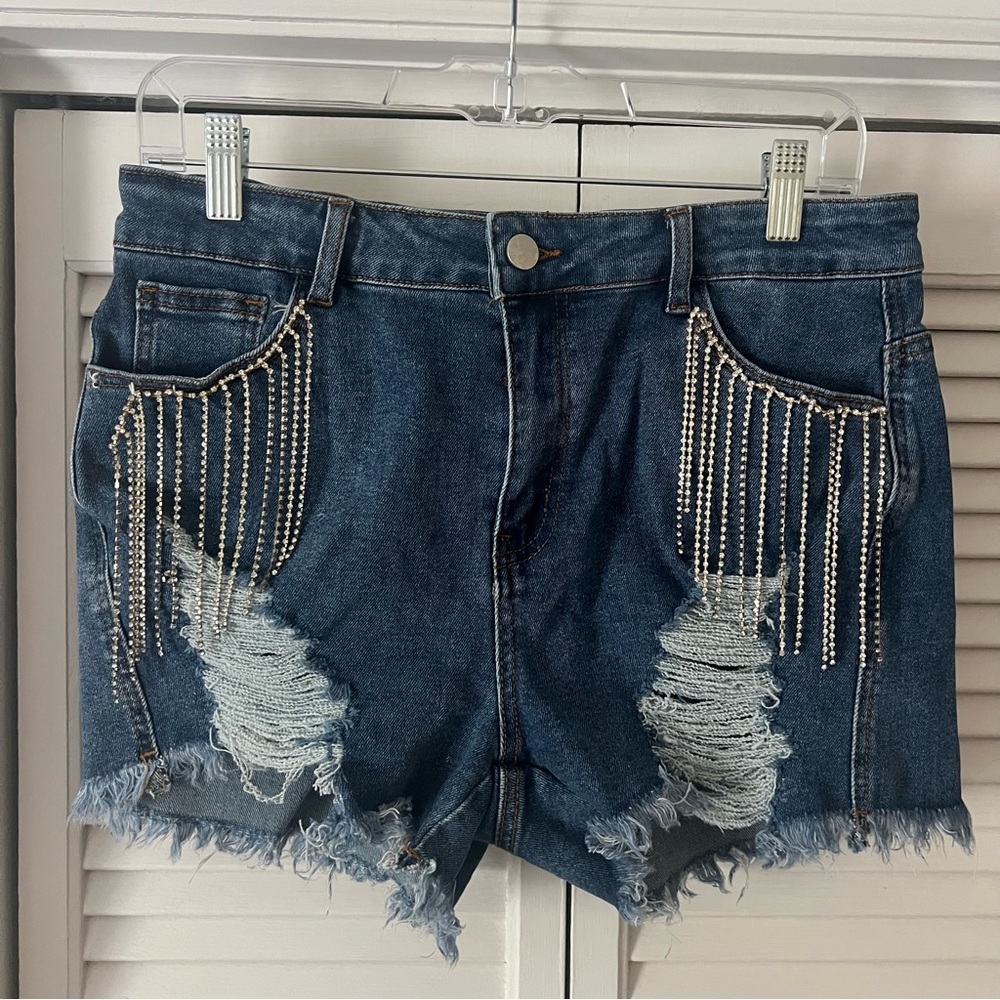 Kedera Rhinestone Fringe Denim Shorts Distressed High Waisted Jean Shorts - Picture 5 of 11